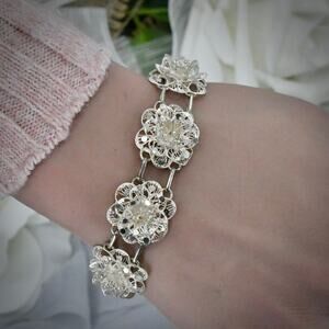 Vintage TestedSolid Silver Filigree Floral Bracelet • Handmade European • 18 g